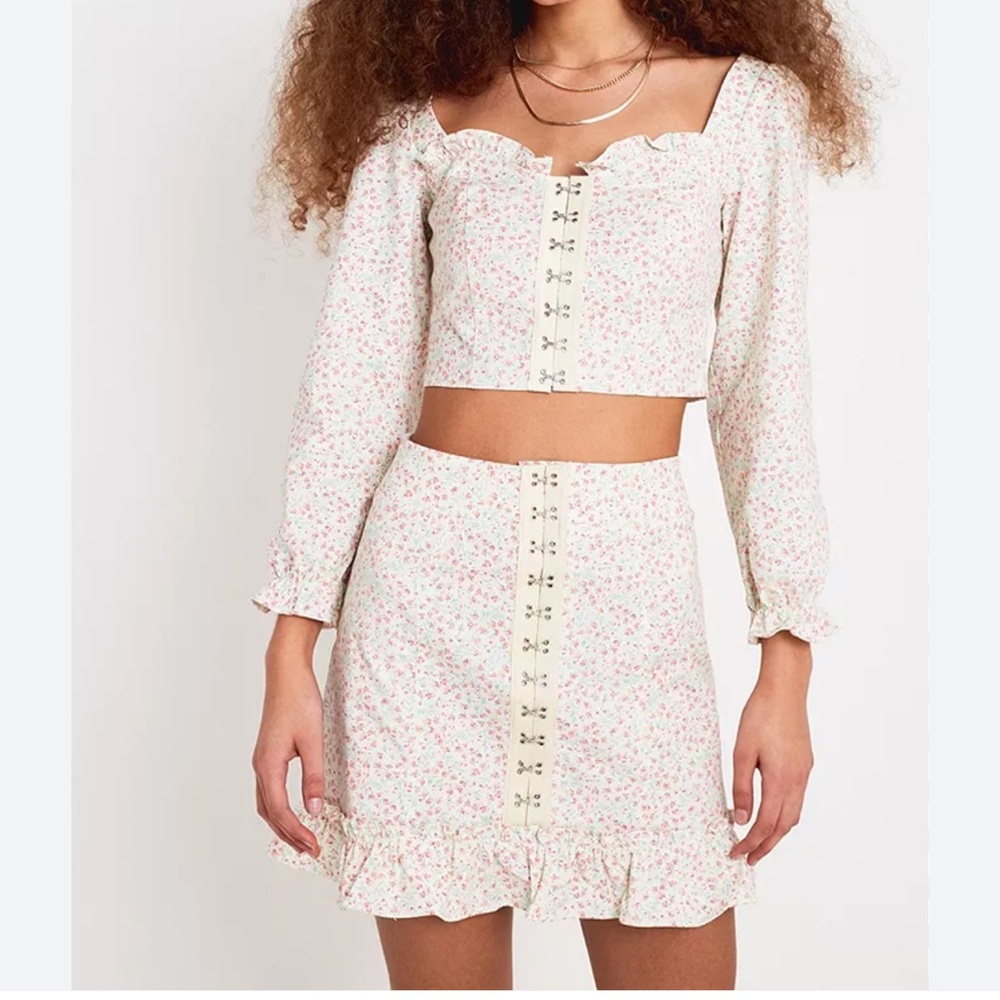 UO Love Struck Floral Hook + Eye Cropped Top and skirt set